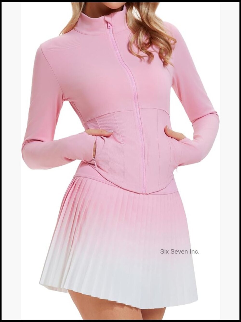 Two Piece Tennis Skirts Set Long Sleeve Zip Up Workout Jacket with Pleated Mini